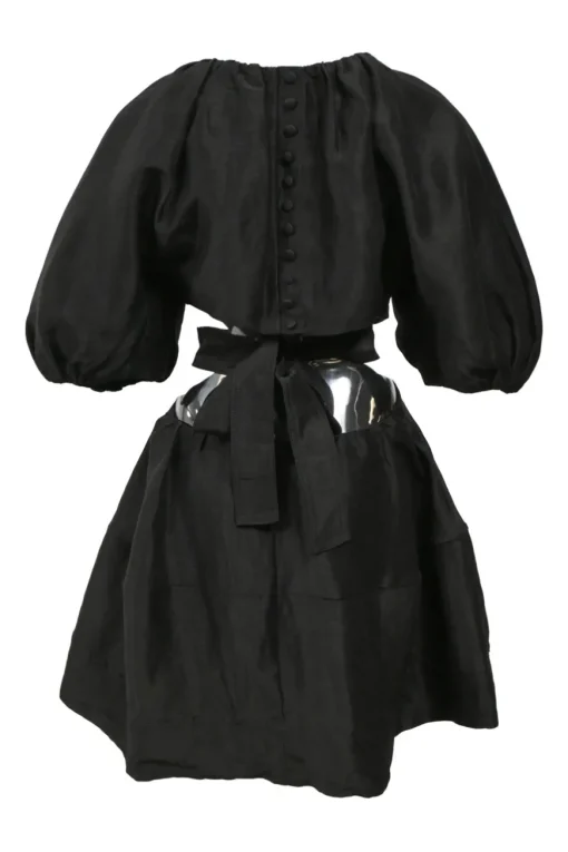Black silk-linen blend Mimosa balloon sleeve tie-waist mini dress with gathered neckline and cutout back