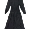 Black smocked cotton poplin open-back A-line midi dress with adjustable ribbon-tie fastening at nape