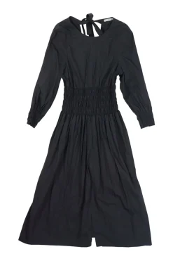 Black smocked cotton poplin open-back A-line midi dress with adjustable ribbon-tie fastening at nape