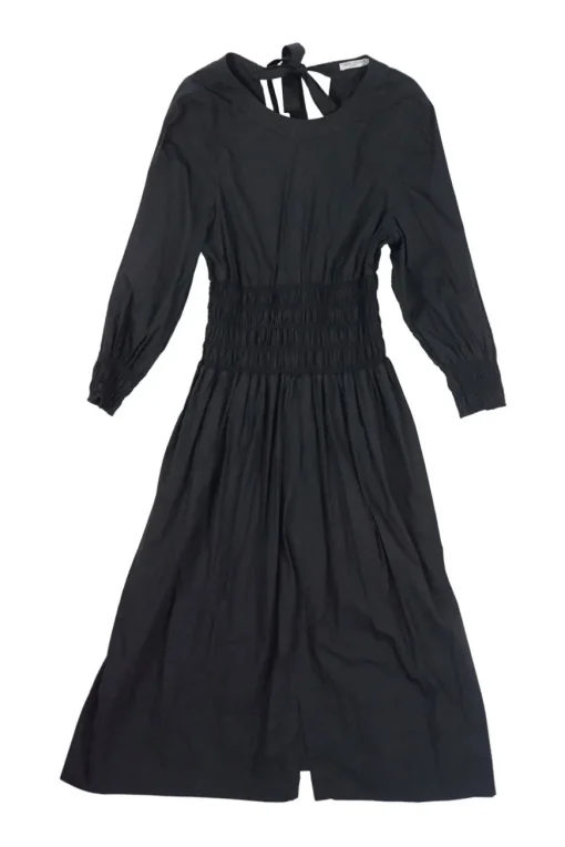Black smocked cotton poplin open-back A-line midi dress with adjustable ribbon-tie fastening at nape