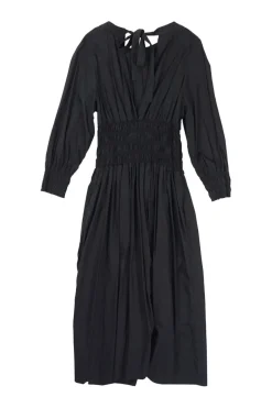 Black smocked cotton poplin open-back A-line midi dress with adjustable ribbon-tie fastening at nape