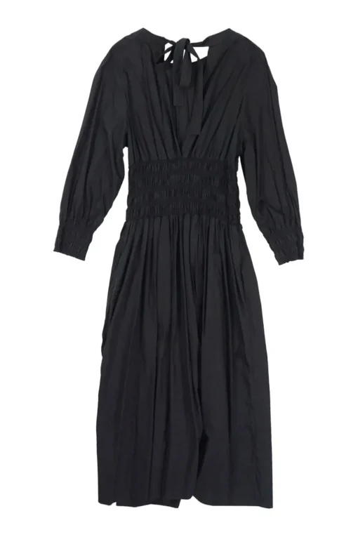 Black smocked cotton poplin open-back A-line midi dress with adjustable ribbon-tie fastening at nape