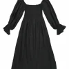 Black smocked linen Atlanta midi A-line dress with flounce cuff blouson sleeves