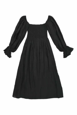Black smocked linen Atlanta midi A-line dress with flounce cuff blouson sleeves