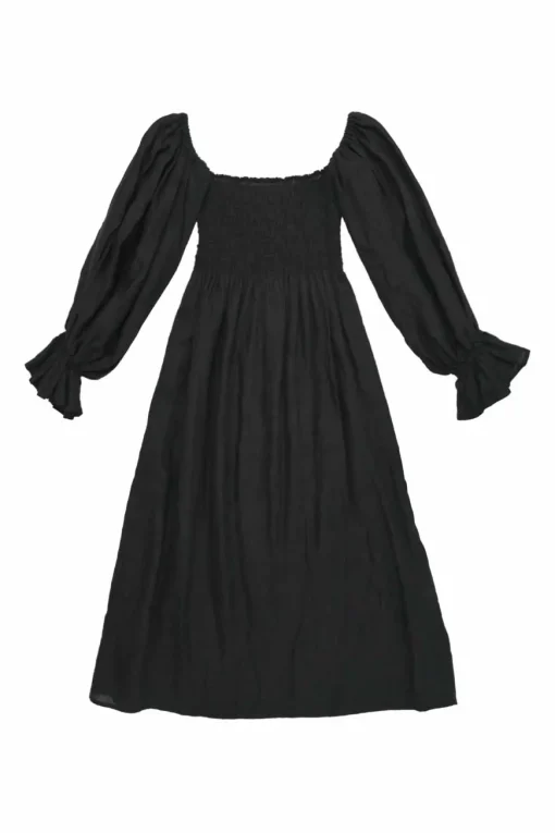 Black smocked linen Atlanta midi A-line dress with flounce cuff blouson sleeves