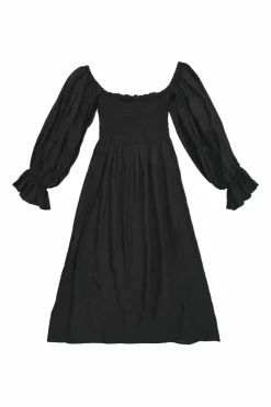 Black smocked linen Atlanta midi A-line dress with flounce cuff blouson sleeves