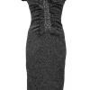 Black speckled Dobby ruched tweed portrait neck cap sleeve sheath dress featuring embellished frill trim appliqué