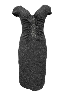 Black speckled Dobby ruched tweed portrait neck cap sleeve sheath dress featuring embellished frill trim appliqué