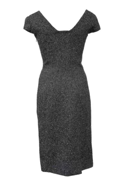 Black speckled Dobby ruched tweed portrait neck cap sleeve sheath dress featuring embellished frill trim appliqué