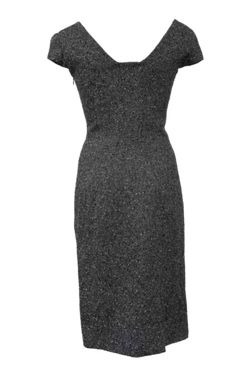 Black speckled Dobby ruched tweed portrait neck cap sleeve sheath dress featuring embellished frill trim appliqué