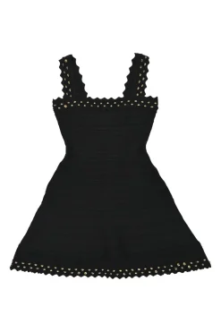 Black studded rayon bandage A-line dress with scalloped edges