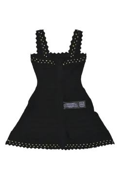 Black studded rayon bandage A-line dress with scalloped edges