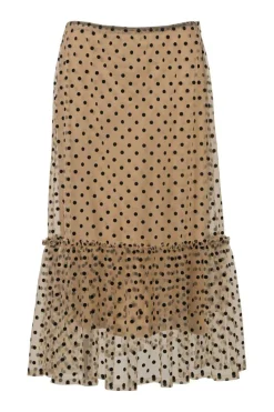 Black tiered semi-sheer flocked polka dot mesh pull-on midi illusion A-line midi skirt