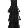 Black tiered semi-sheer nylon point d'espirit halter-neck illusion gown