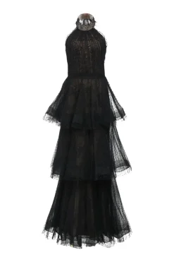 Black tiered semi-sheer nylon point d'espirit halter-neck illusion gown
