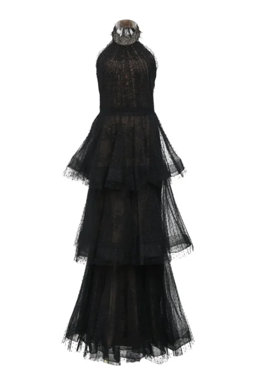 Black tiered semi-sheer nylon point d'espirit halter-neck illusion gown