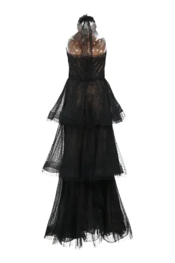 Black tiered semi-sheer nylon point d'espirit halter-neck illusion gown