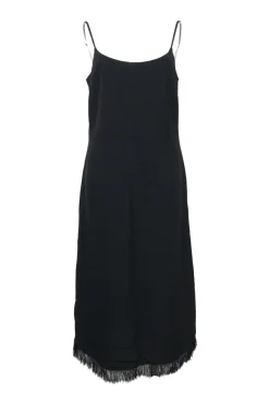 Black triacetate slip dress with fringe hem