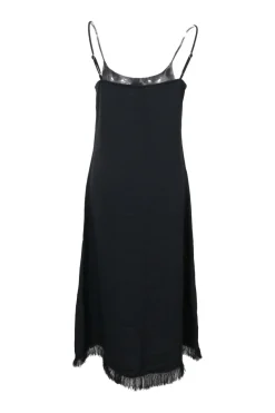 Black triacetate slip dress with fringe hem
