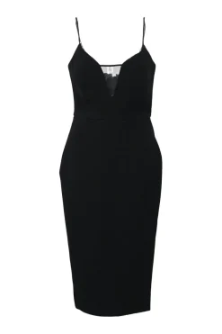 Black triacetate-blend plunge neck bustier slit-back slip dress with tonal mesh insert