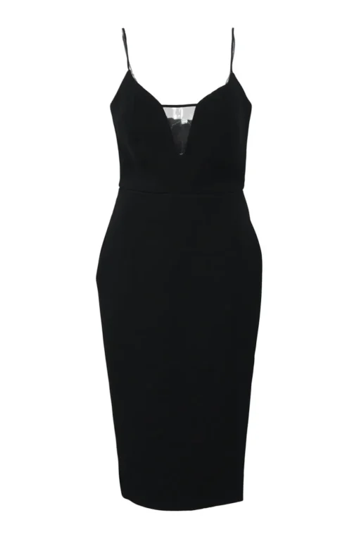 Black triacetate-blend plunge neck bustier slit-back slip dress with tonal mesh insert