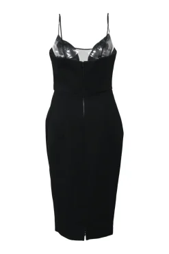 Black triacetate-blend plunge neck bustier slit-back slip dress with tonal mesh insert