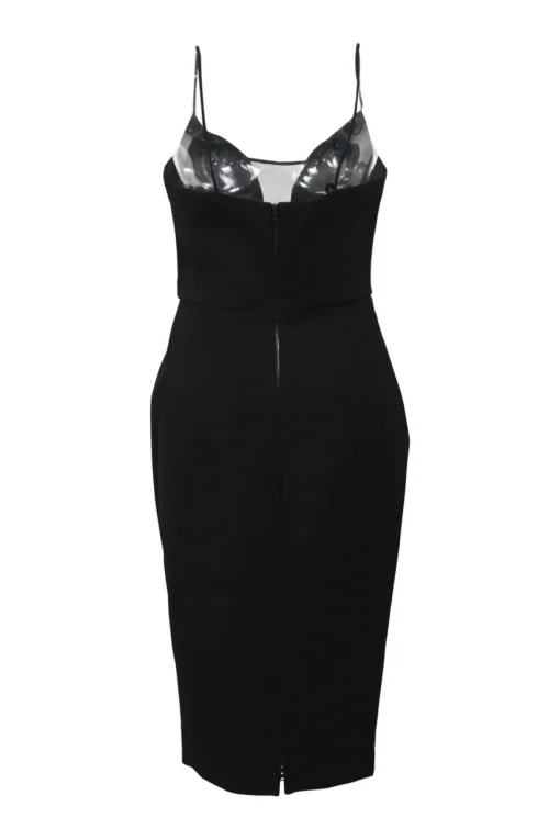 Black triacetate-blend plunge neck bustier slit-back slip dress with tonal mesh insert
