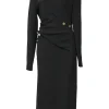 Black twist-drape triacetate-blend long sleeve sheath dress with slash neck and spiral seams