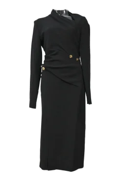 Black twist-drape triacetate-blend long sleeve sheath dress with slash neck and spiral seams