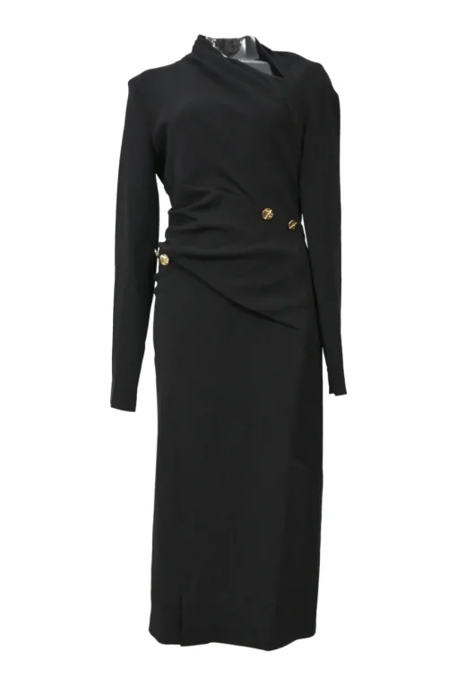 Black twist-drape triacetate-blend long sleeve sheath dress with slash neck and spiral seams