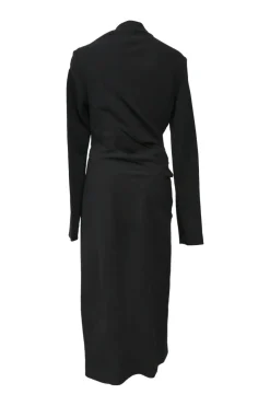 Black twist-drape triacetate-blend long sleeve sheath dress with slash neck and spiral seams