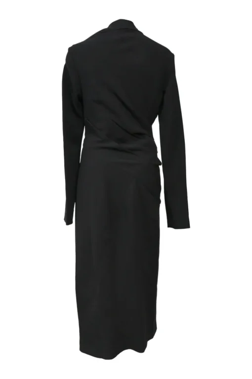 Black twist-drape triacetate-blend long sleeve sheath dress with slash neck and spiral seams