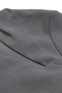 Black twist-drape triacetate-blend long sleeve sheath dress with slash neck and spiral seams