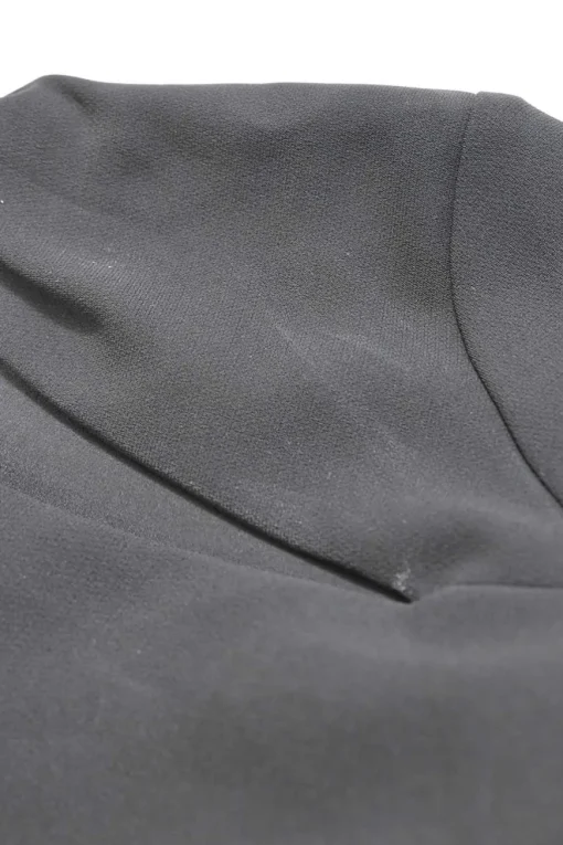 Black twist-drape triacetate-blend long sleeve sheath dress with slash neck and spiral seams
