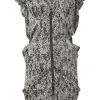 Black two-tone abstract print satin zip-up tiered flutter sleeve sheath dress with tulip hem