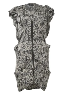 Black two-tone abstract print satin zip-up tiered flutter sleeve sheath dress with tulip hem
