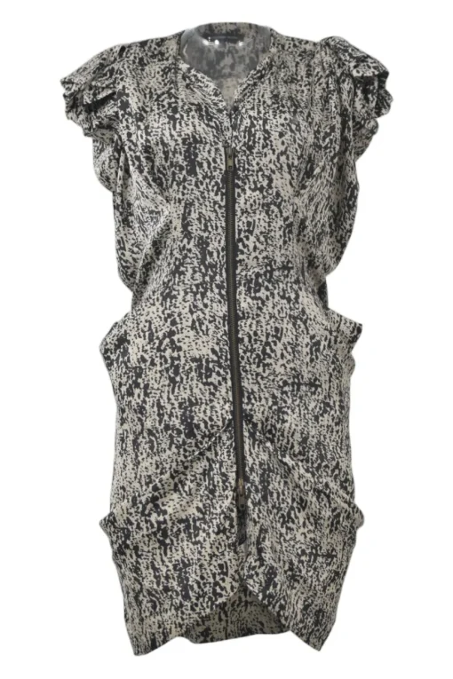 Black two-tone abstract print satin zip-up tiered flutter sleeve sheath dress with tulip hem