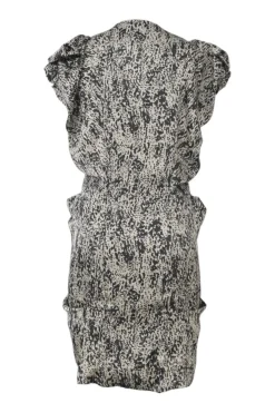 Black two-tone abstract print satin zip-up tiered flutter sleeve sheath dress with tulip hem