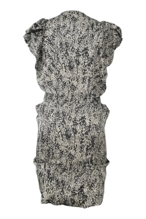 Black two-tone abstract print satin zip-up tiered flutter sleeve sheath dress with tulip hem