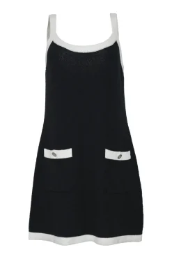 Black two-tone cotton-blend swing-style slip dress with fixed straps