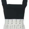 Black two-tone eyelet fringe bustier top with square neckline and fixed straps