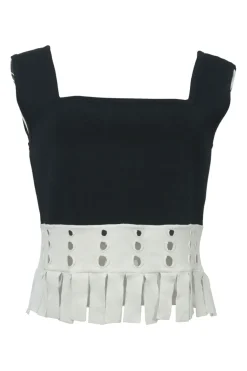 Black two-tone eyelet fringe bustier top with square neckline and fixed straps