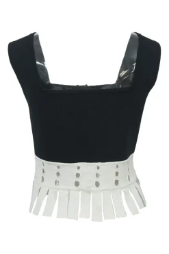 Black two-tone eyelet fringe bustier top with square neckline and fixed straps