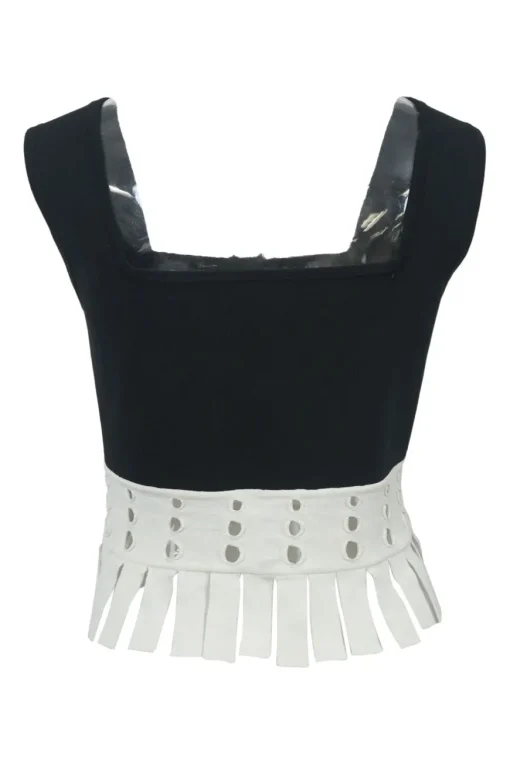 Black two-tone eyelet fringe bustier top with square neckline and fixed straps
