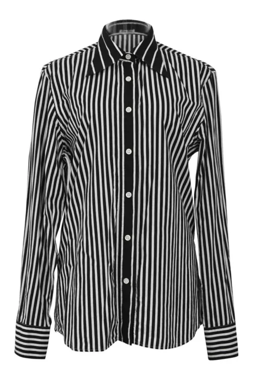 Black two-tone graphic stripe cotton poplin dagger collar button-front shirt