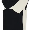 Black two-tone paneled draped silk bateau neck cap sleeve top