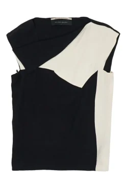 Black two-tone paneled draped silk bateau neck cap sleeve top