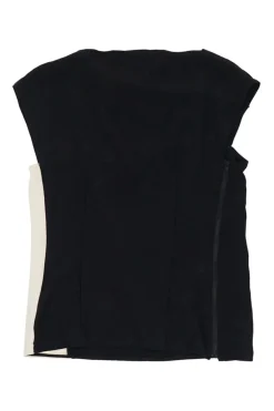 Black two-tone paneled draped silk bateau neck cap sleeve top