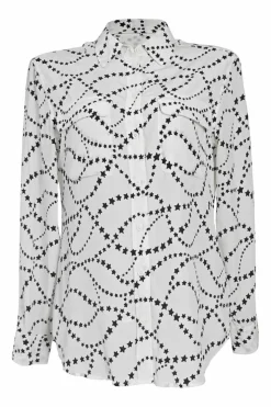 Black two-tone silk star print spread collar button-front shirt with cargo chest patch pockets