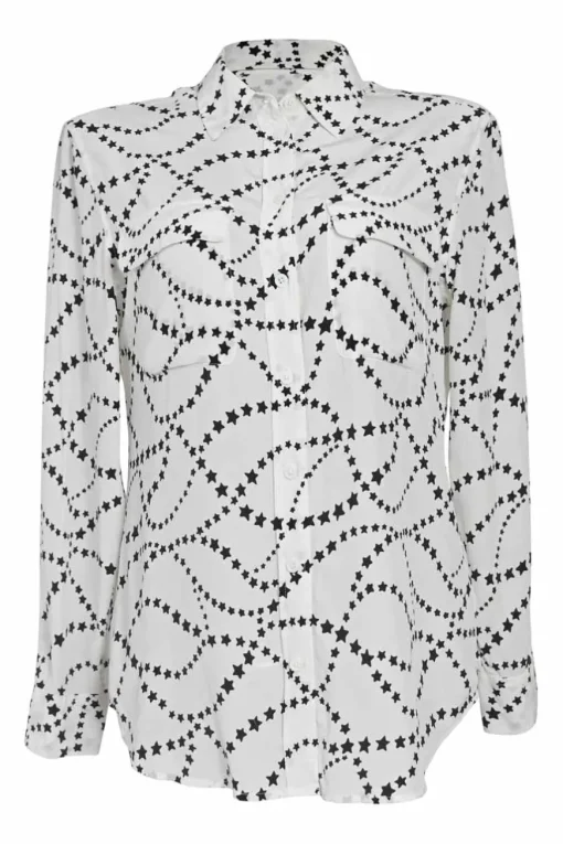 Black two-tone silk star print spread collar button-front shirt with cargo chest patch pockets